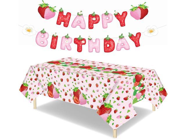 HunnmingRe 3 Pcs Strawberry Tablecloth Happy Birthday Banner Strawberry Birthday Party Supplies 54 x 108 Inch Plastic Pink Table Cover Hanging.