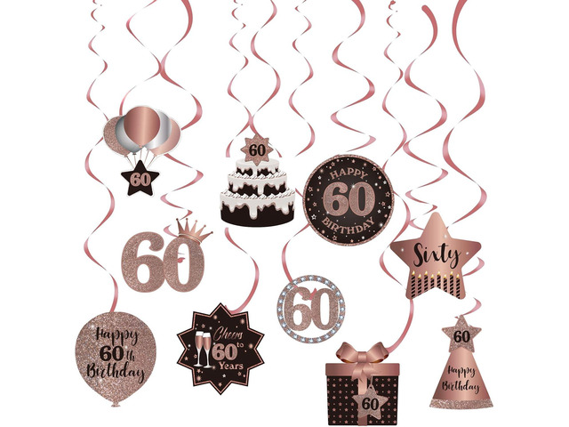 Happy 60th Birthday Party Hanging Swirls Streams Ceiling Decorations, Celebration 60 Foil Hanging Swirls with Cutouts for 60 Years Old Rose Gold...