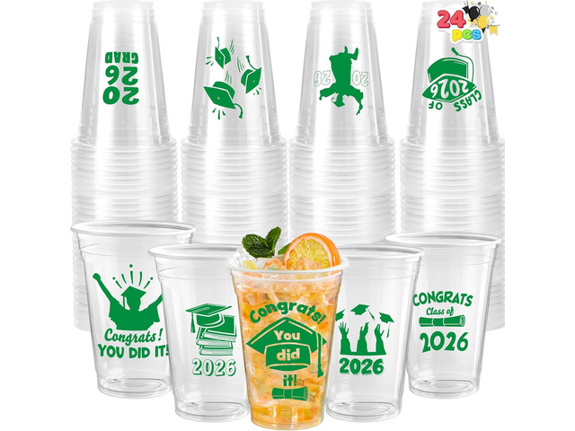 JOYIN 24 Pcs 16OZ Graduation Plastic Party Cups, Green Class of 2026 Decorations, Personalized Graduation Cups for College Senior High School Grad...