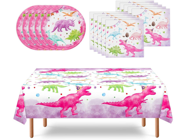 WERNNSAI Girl Dinosaur Party Decorations - 33 PCS Dino Plates Napkins Tablecloth Pink Dinosaur Birthday Decorations Three Rex Table Decorations for...