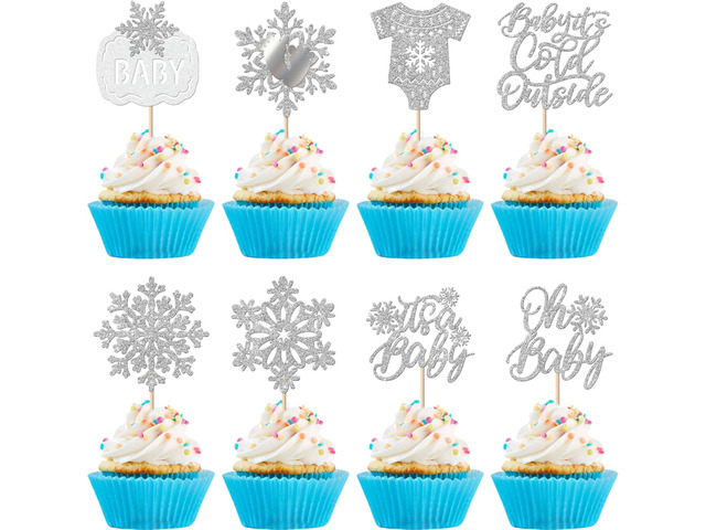 24 Pack Baby Snowflake Cupcake Toppers - Glitter It's a Baby Shower Feet Winter Frozen Kids Birthday Cupcake Decorations Party Supplies Silver