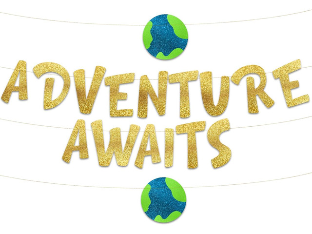 Pre-Strung Adventure Awaits Going Away Party Gold Glitter Banner - Funny Retirement Decorations for Men and Women - Retirement Party Supplies and...