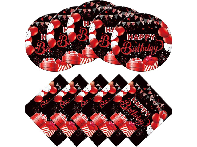 Red and Black Party Tableware Set, 20 Plates and Napkins, Confetti Sprinkles, Party Decorations