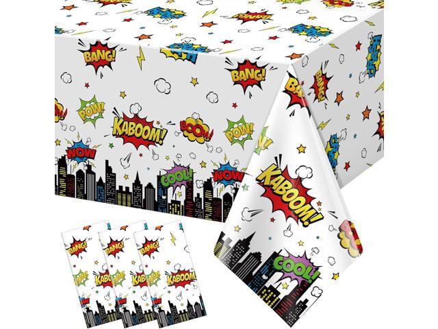 3Pcs Hero Themed Birthday Party Tablecloths Decorations,White Cityscape Super Bang Plastic Table Cover Disposable Rectangle Table Cloth for Baby...