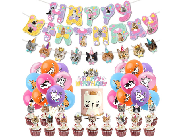 Cat Birthday Party Decoration Set, Cute Cat Party Supplies for Kids Who Love Meowing Cats, Cat-Themed Party Gift Decoration Set