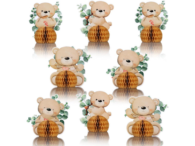 Hiboom 8 Pcs Bear Baby Shower Honeycomb Centerpieces Bear Baby Shower Party Supplies Bear Baby Shower Decorations Party Centerpieces Paper Fan...