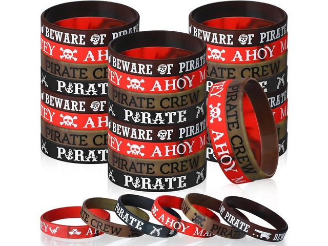 Capoda 48 Pcs Pirate Silicone Bracelets Ahoy Matey Caribbean Rubber Wristbands Skull Pirate Ship Party Favors for Girls Boys Birthday Decorations...
