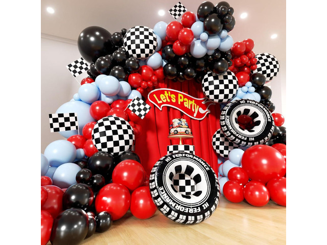 Race Car Balloons Arch Kit - 184Pcs Flags, Tire, Checkered, Wheels and Red Black blue Balloon Garland Kit for Racing Car Theme Two Fast 2nd One...