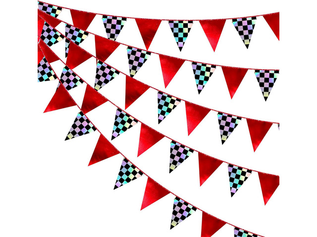 Racing Party Decorations Iridescent Checkered Red Pennant Banner Flag Hanging Paper Triangle Bunting for Kid Boy Men Race Fans Birthday Baby Shower...