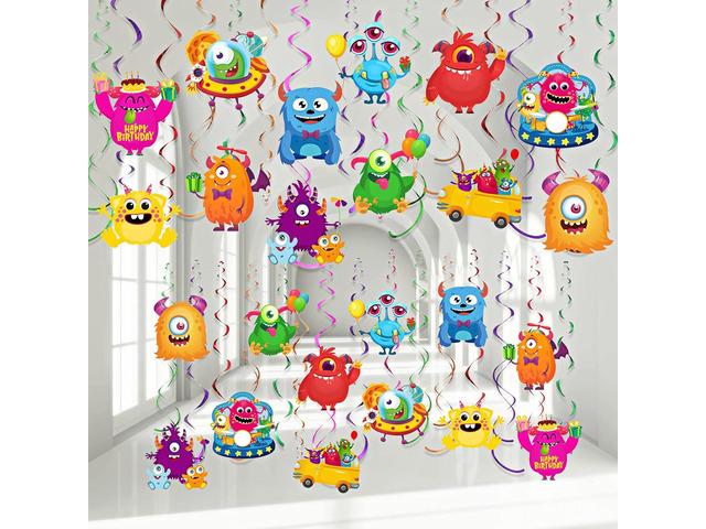 Faccito 54 Pieces Cartoon Monster Swirls Decoration - Little Monster Party Hanging Spiral Streamers Decor for Theme Birthday Party Supplies