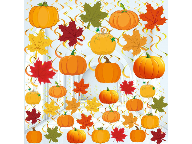 72 Pcs Thanksgivin Fall Hanging Decoration Swirls Gold Pumpkin Maple Leaf Autumn Party Decoration Orange Thanksgiving Ceiling Decor for Home Office...