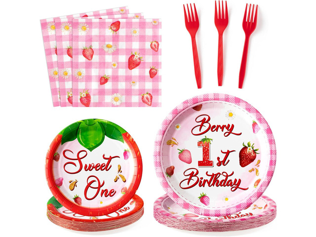 Berry First Birthday Party Decoration - 96Pcs Strawberry 1st Sweet One Plates Napkins Fork Tableware, Strawberry First Disposable Party Supplies...