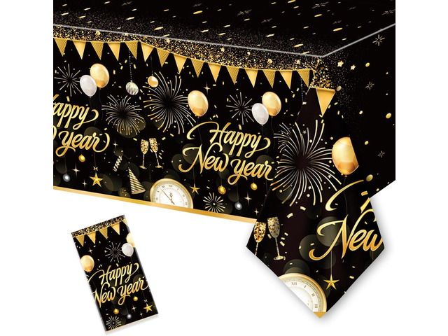 1PC Happy New Year Tablecloth, Disposable Black Gold NYE Party Tablecloth Decorations, Rectangular Plastic Table Cover NYE Theme Supplies for...