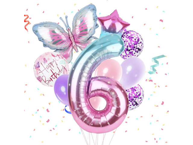 Butterfly Balloons 6th Birthday Decorations Gradient Pink Purple Colorful Butterfly Foil Mylar Balloons Large Big Number 6 Balloons for Girls 6...