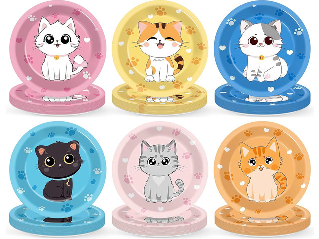 Justforjoyful 48Pcs 7' Cat Theme Party Paper Plates Kitten Dessert Birthday Supplies Kids Girls Birthday Dinner Table Decorations Cat Paw...