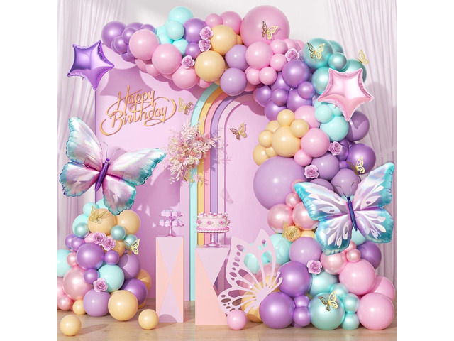 125pcs Butterfly Balloon Arch Kit, Color Butterfly Party Decorations with Pink Purple Teal Pearl Balloons Star Butterfly Balloons Butterfly...