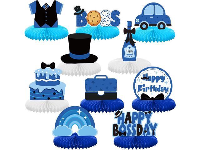 SATINIOR 10 Pcs Boss Centerpiece Boy Table Centerpieces Boss Birthday Decorations Blue Boy Theme Honeycomb Decor Set Bule Party Cake Topper for...