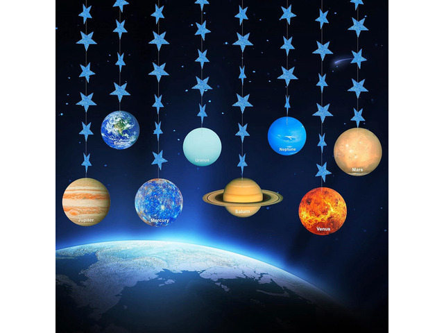Solar System Decoration Banner, Eight Planet Garland with Blue Shimmer Star, Premium Paper Galaxy Outer Space Garland for Kids Bedroom Decor,...