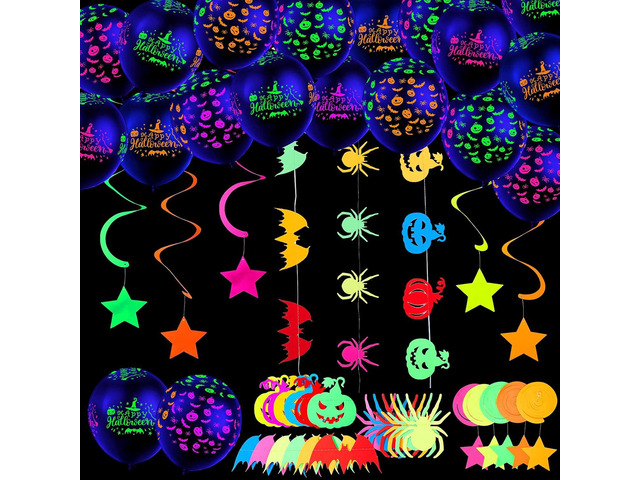 Sumind Neon Halloween Decorations Glow in the Dark Party Favors Ghost Balloons Neon Garlands with Pumpkin Spider Bat Star Swirl Hanging for...