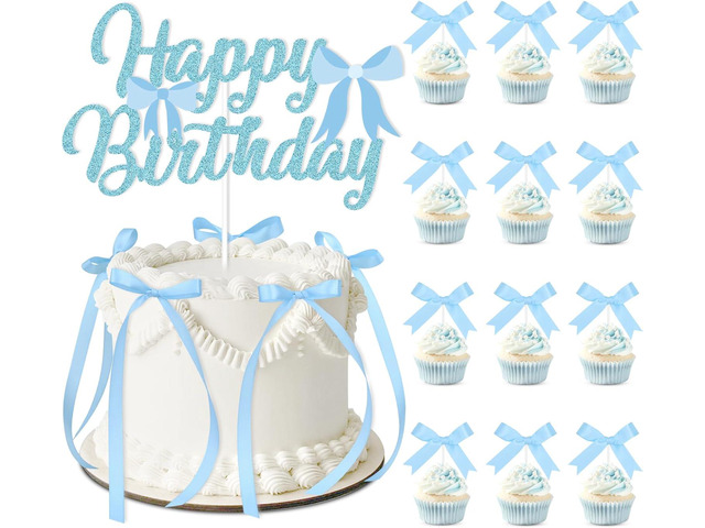 Blue Bow Birthday Decorations with Happy Birthday Sign, 6Pcs Ribbion Bow Cake Topper & 12Pcs Bow Cupcake Toppers, Bow Party Cake Decor, Tying the...