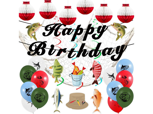 Gone Fishing Party Decorations Kit Include Hanging Banner Swirl Balloons (Happy Birthday)