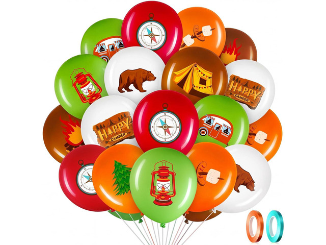 45 Pcs Camper Balloons, Colorful Camping Party Balloons Decorations, Camping Adventure Theme Party Supplies with Green and Brown Ribbon Latex...