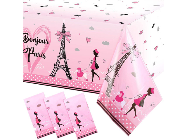 Paris Party Decorations Bonjour Paris Tablecloth Eiffel Tower Plastic Table Covers for Girls Birthday Party Decorations and Supplies, 54 x 108 Inch