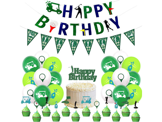45PCS Golf Party Supplies with Happy Banner Golf Themed Cake Topper and Cupcake Toppers 12-inch Latex Balloons with Golfing Patterns and Golf...