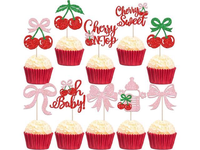 30 PCS Cherry Oh Baby Cupcake Toppers Glitter Pink Bow Cherry Cupcake Picks Cherry On Top Baby Shower Decorations for Sweet Fruit Theme Baby Shower...