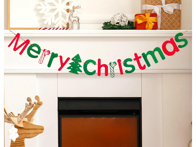 JSDJ Merry Christmas Banner with Christmas Tree Red Green Wool Felt Garland Happy Holiday Decoration Indoor Cute Hanging Decor for Mantel Fireplace...