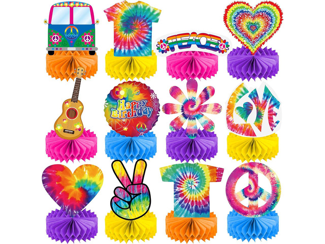 12Pcs Tie Dye Honeycomb Centerpieces Tie Dye Birthday Party Table Decorations for Hippie Theme Birthday Party Retro Rainbow Baby Shower Supplies