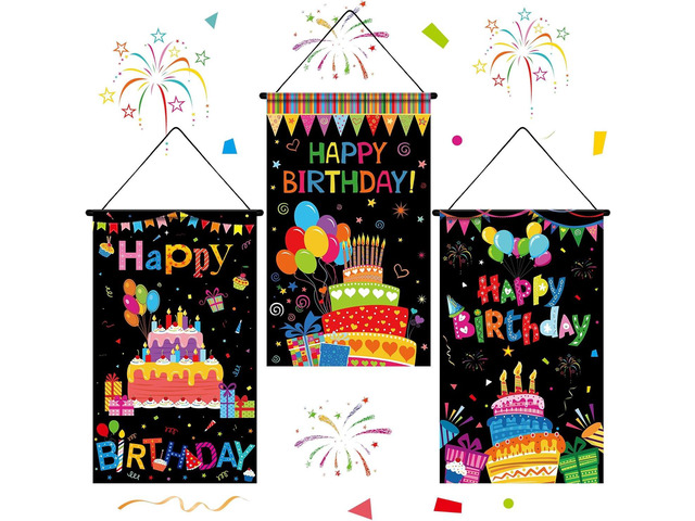 Tegeme 3 Pcs Happy Birthday Banner Decor Colorful Happy Birthday Party Door Hanging Decorations Hanging Black Banner Party Supplies for Kids Girls...
