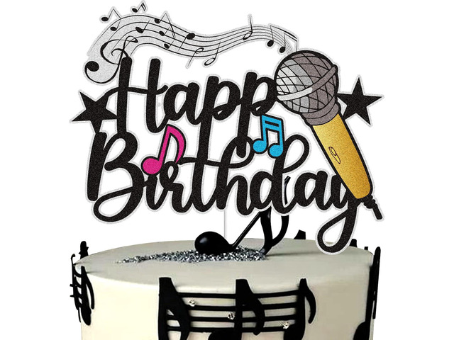 Microphone Happy Birthday Cake Topper Black Glitter Host Music Cake Decor Karaoke Musical Theme Birthday Party Supplies for Boys Girls