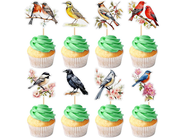 Ercadio 32 Pcs Watercolor Printed Floral Birds Cupcake Toppers Thrushes Crow Sparrow Goldfinch Magpie Birds Cupcake Picks for Bird Lover Birthday...
