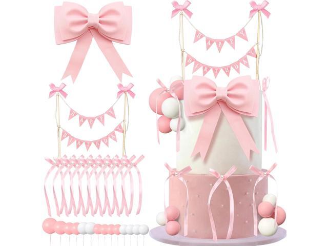 26 PCS Pink Bow Cake Toppers Decorations Happy Birthday Banner Cake Bunting Topper for Party Table Decorations Desserts Cupcakes Birthday Baby...