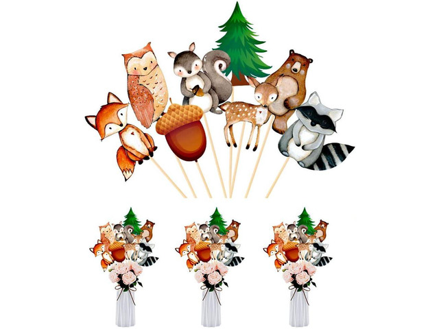 24pcs Woodland Animals Cake Topper, Baby Shower Decorations, Double-Sided Printed Forest Friends Centerpiece Sticks for Wild One Camping Party...