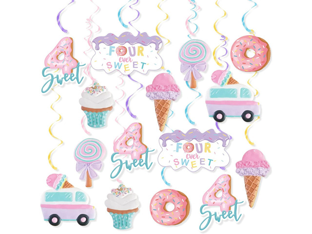 Four Ever Sweet Pastel Ice Cream Party Hanging Swirl Decorations for Kid's Fourth Birthday Party Donut Ceiling Hanging Streamers
