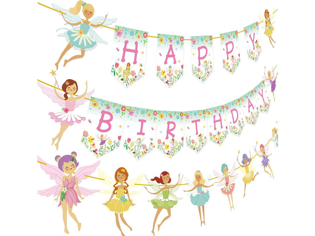 Fairy Birthday Party Decoration Flower Fairies Girls Banner Fairy Hanging Decoration Colorful Happy Birthday Banner Decorations for Fairy Garden...