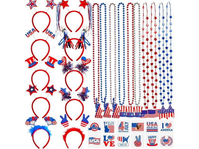 Garma 4th of July Accessories Party Supplies, 92Pcs Fourth of July Party Favors with Headbands Necklaces Tattoo Stickers for Independence Day...