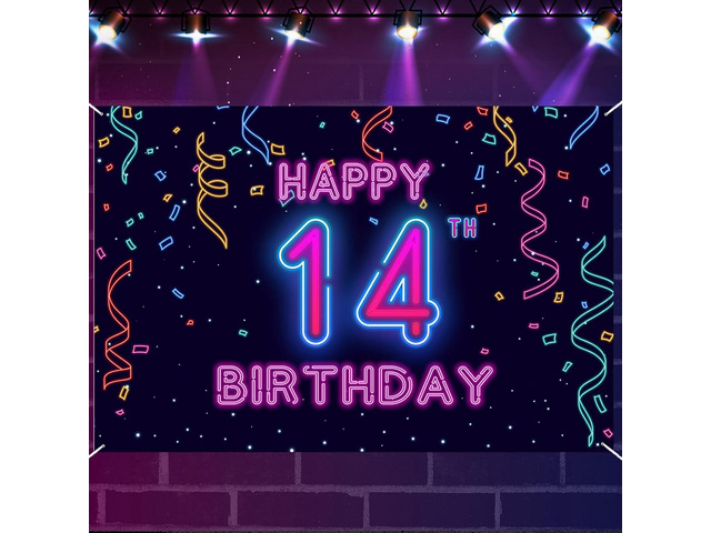 14th Neon Birthday Banner Backdrop, 14 Years Birthday Party Banner Let Glow Party Disco Dance Neon Theme Backdrop, Colorful Night Decorations for...