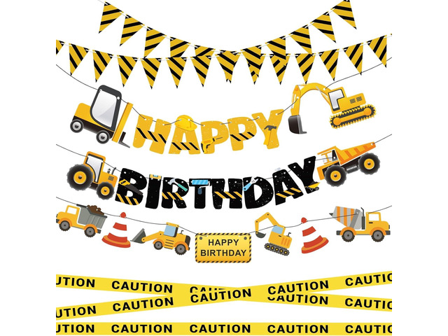 Construction Party Supplies Dump Truck Party Decorations Set with caution tape, construction pennant flags, Happy Birthday Banner, Vehicle Banner...