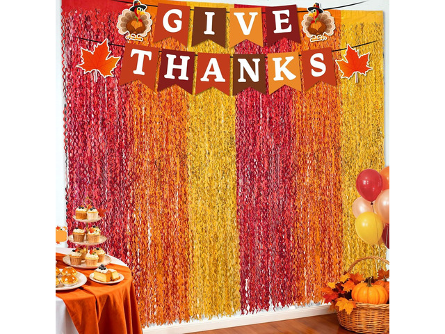 Thanksgiving Decorations, 2Pack Thanksgiving Foil Fringe Backdrop Curtains with GIVE THANKS Banner for Thanks Giving Fall Party Decoration Wall...
