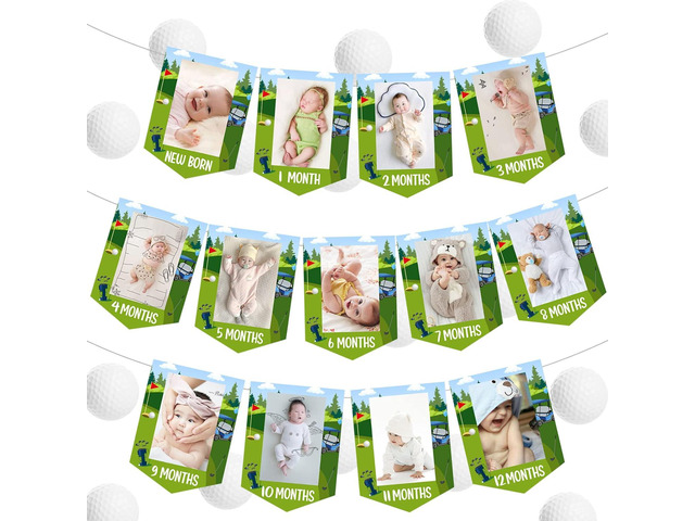 13Pcs Golf Photo Banner - 1st Birthday Baby Photo Banner for Newborn To 12 Months, Hole in One Birthday Decorations Boy Girl, Golf First Sports...