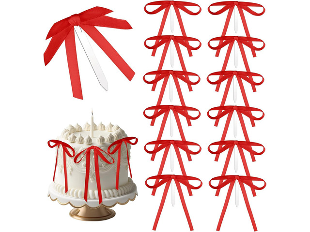 Teenyyou 12 Pcs Red Bow Ribbon Cake Toppers 5 x 7 Inches Satin Bow Cake Toppers Coquette Party Decorations for Wedding Bridal Gender Reveal Baby...