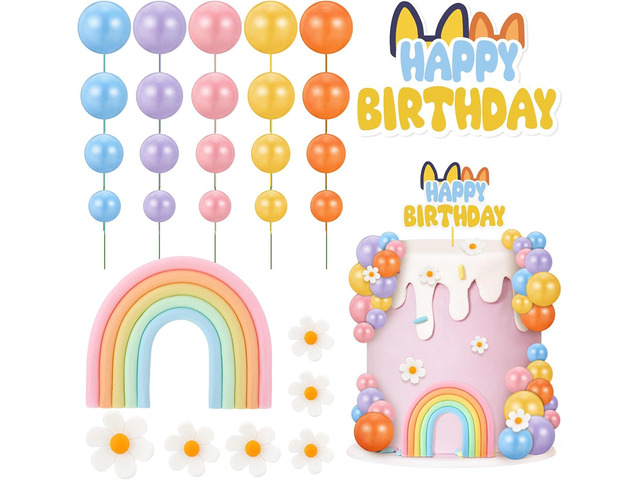 38 Pcs Rainbow Cake Topper with Daisy Balls Cake Topper, Pastel Cupcake Toppers Cake Decorations for Birthday Wedding Party Supplies
