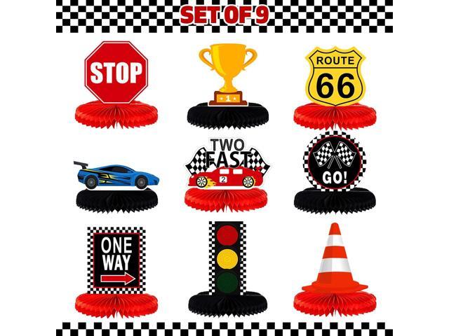 LINGTEER Race Car Two Fast Birthday Table Honeycomb Centerpieces - 9Pcs Let's Go Racing Happy 2nd Birthday Party Table Decorations Sign.