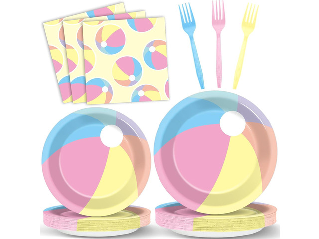 96PCS Summer Macaron Beach Ball Party Paper Plates and Napkins and Forks Set for Macaron Beach Ball Party Paper Plates Disposable Decor Summer...