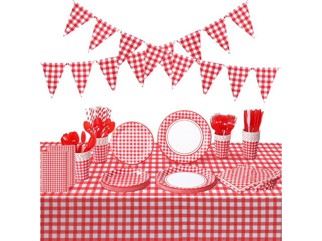 Buryeah 205 Pcs Red and White Party Supplies for 25 Guest Gingham Checkered Plaid Tablecloth Pennant Banner Paper Plate Cup Napkin Cutlery and...