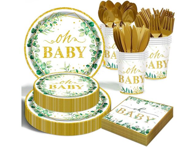 Sage Greenery Baby Shower Plates and Napkins Tableware Set - 175pcs Gender Neutral Baby Shower Decorations Oh Baby Party Supplies, Disposable Paper...