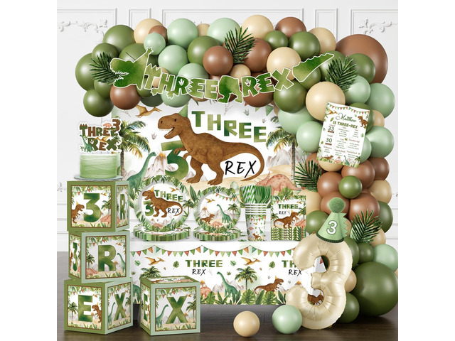 cocomigo 267pcs Three Rex Birthday Decorations Boy Complete Party Set, 3 Rex Birthday Decorations Boys, Serves 25 Guests, for Dinosaur Theme 3rd...